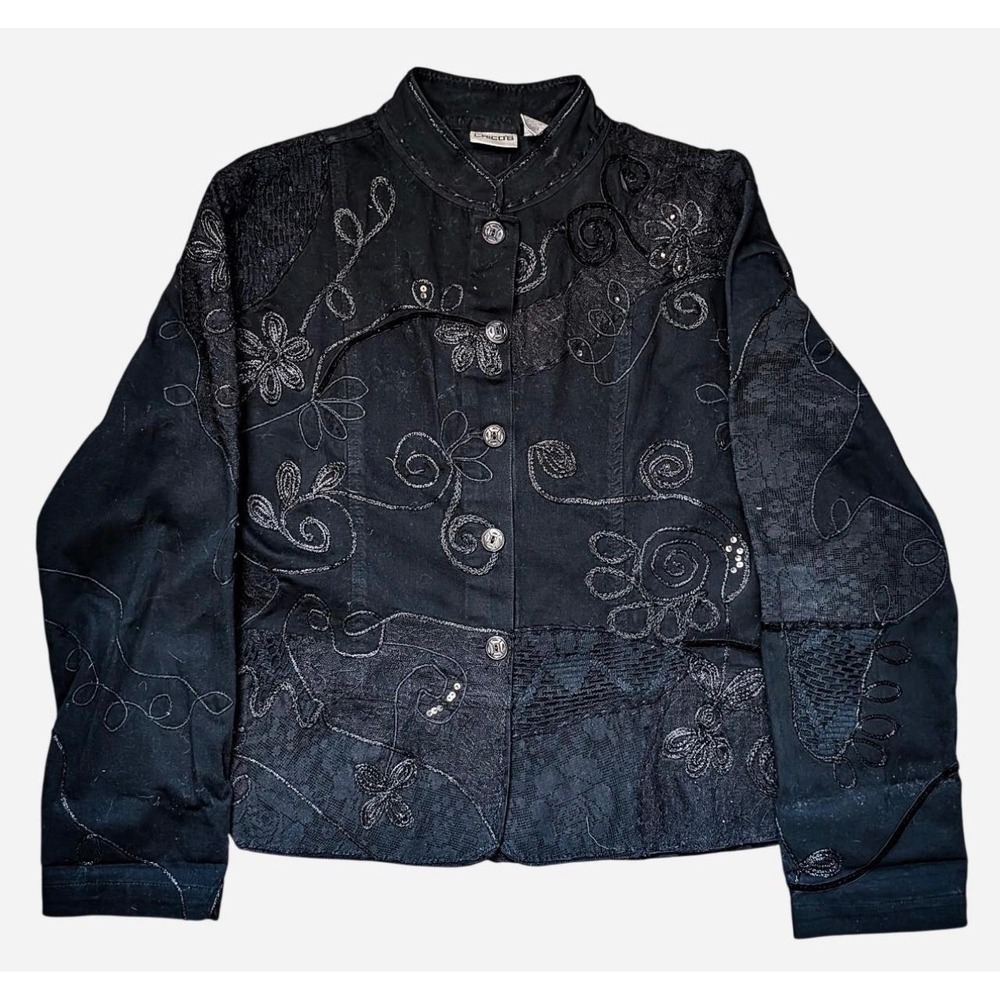 Chicos Black Embroidered Lace Sequin Mixed Media Jacket Size 2 Cotton Boho
